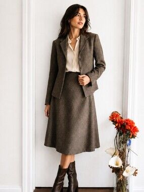 Vintage Jessica |Brown Fit & Flare Skirt Suit Set Size 4 Rayon Blend Blazer Midi